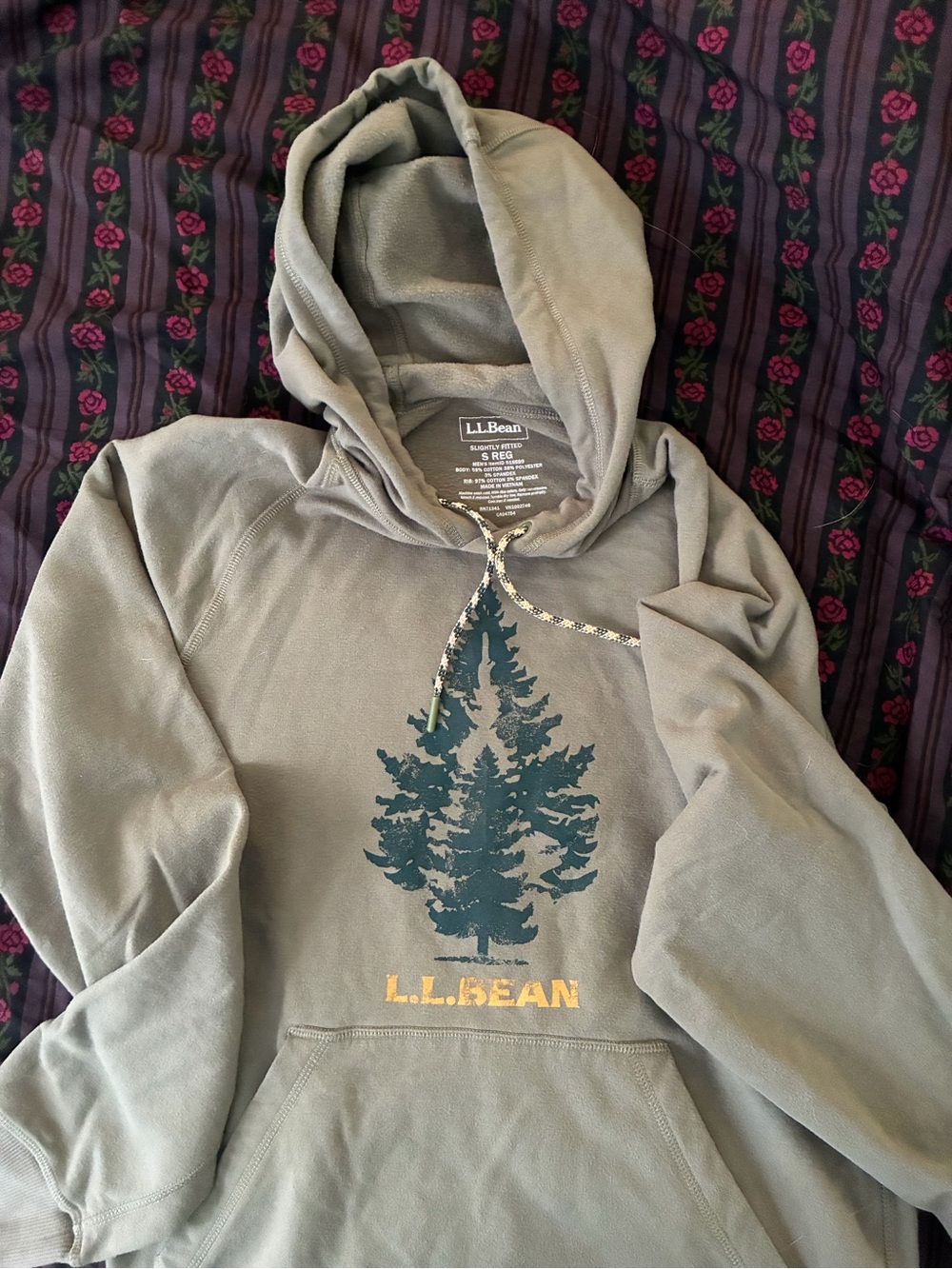 L.L. Bean Olive Green Hooded Sweater with Tree Graphic